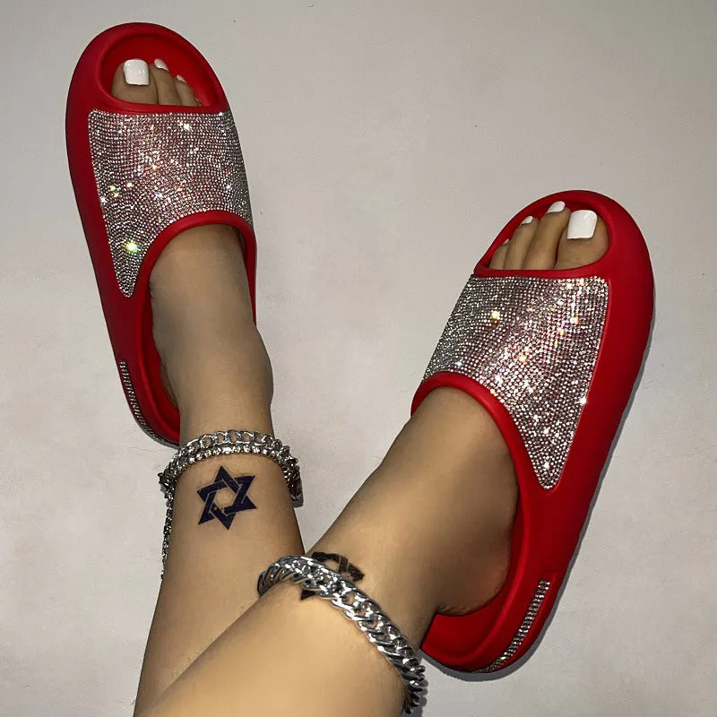 Cute Rhinestone Soft Thick Sole Summer Slides Slippers for Women