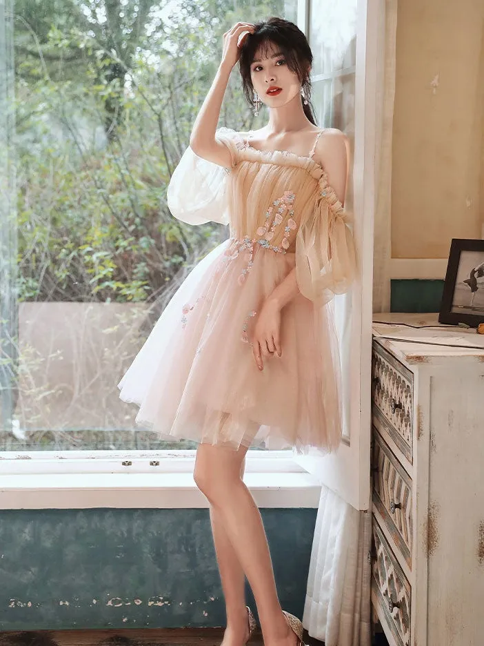 Cute Short Off Shoulder Tulle with Flowers Party Dress, Short Homecoming Dresses