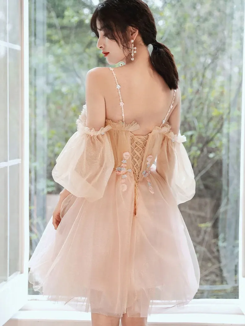 Cute Short Off Shoulder Tulle with Flowers Party Dress, Short Homecoming Dresses