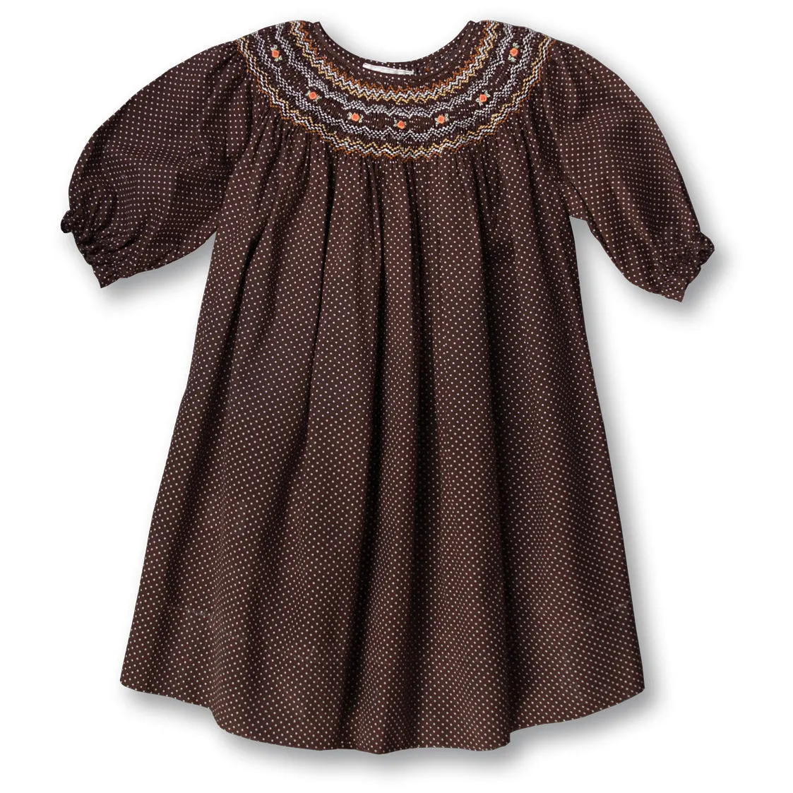 Dark Brown 3/4 Sleeve Dotted English Smocked Bishop