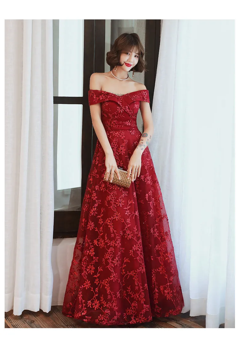 Dark Red Lace Off Shoulder Bridesmaid Dress, Long Prom Dress