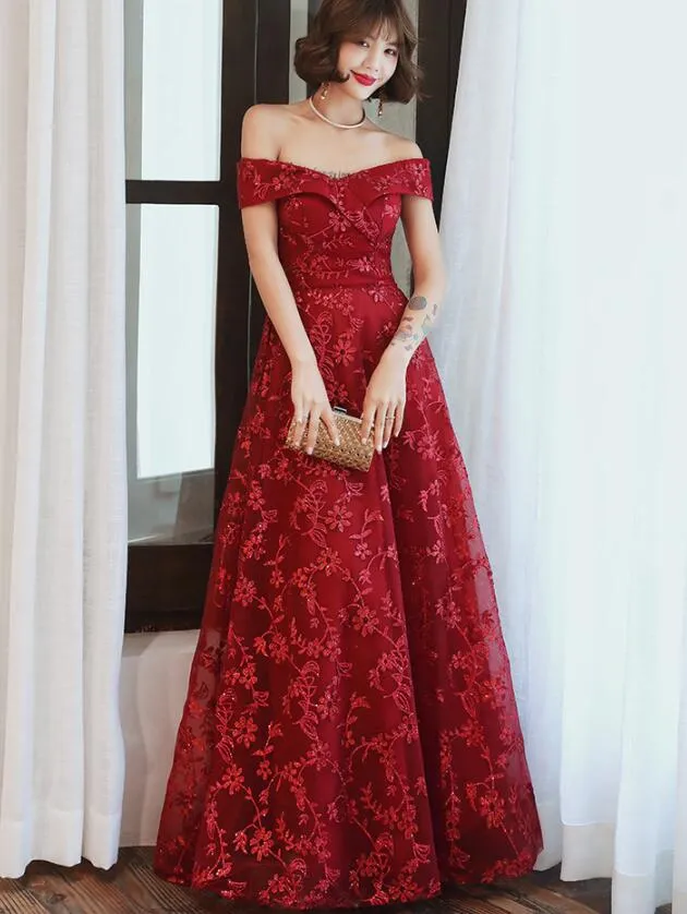 Dark Red Lace Off Shoulder Bridesmaid Dress, Long Prom Dress