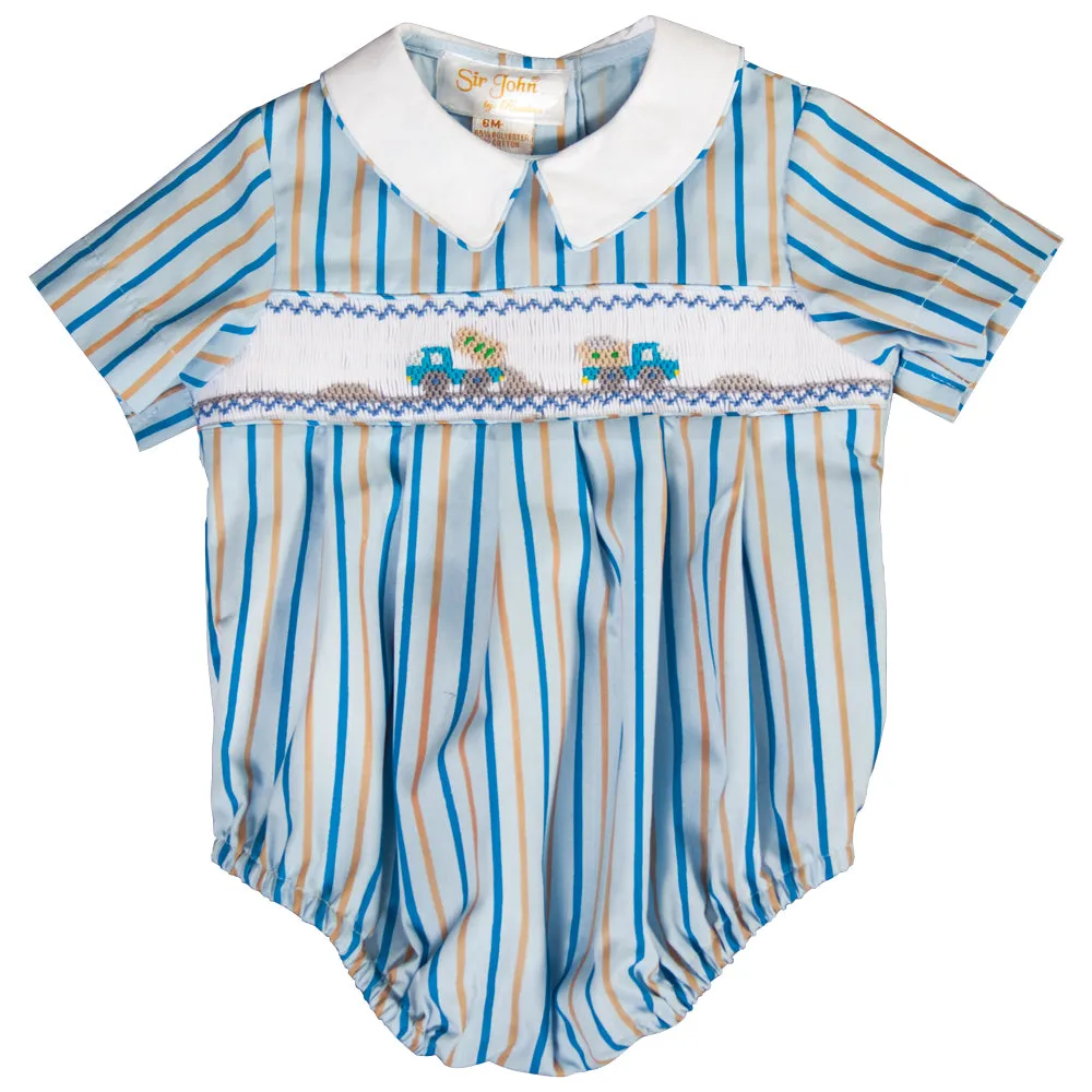 Dump Trucks Blue Striped Smocked Boy Bubble