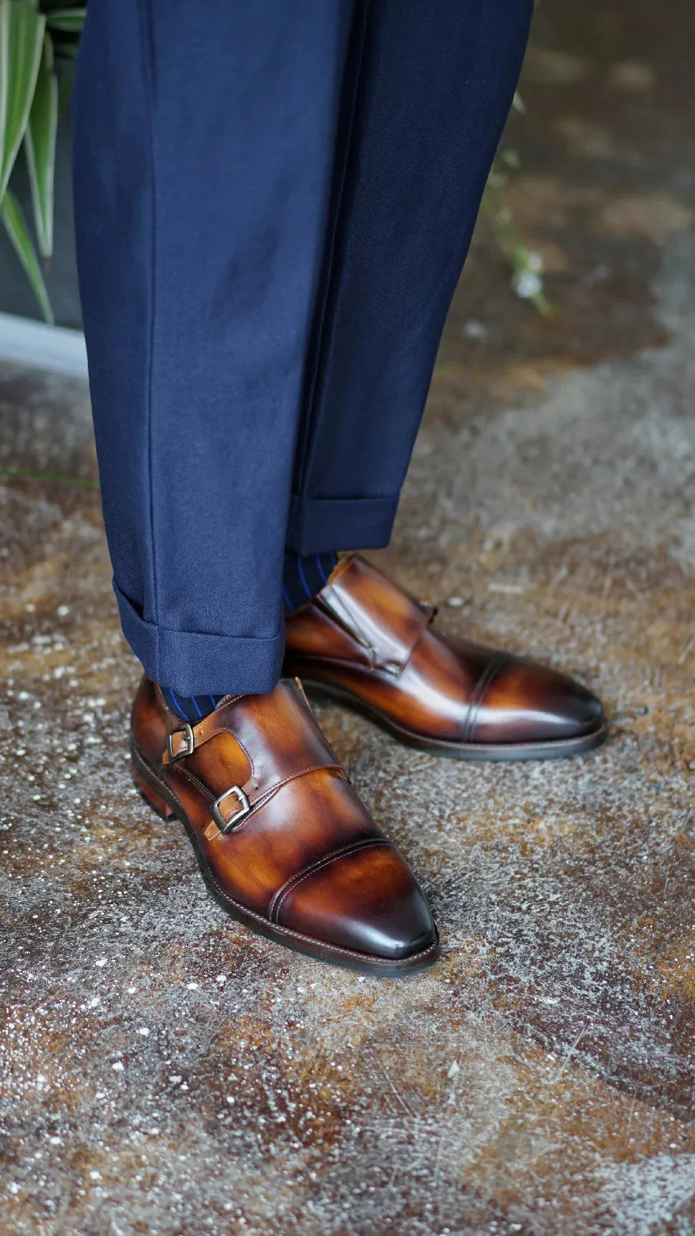Elegant Brown Leather Double Monk Strap Dress Shoe with Cap Toe
