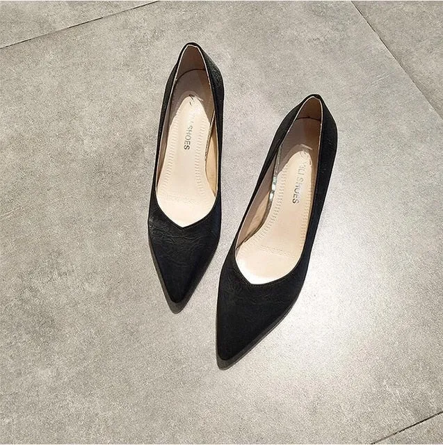 EOEODOIT 4CM Med Heel Shoes Women Elegance Stiletto Heels Pointed Toe Slip On Party Work Daily Pumps Shallow Mouth Leather Shoes