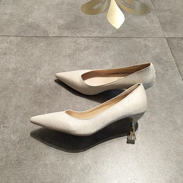 EOEODOIT 4CM Med Heel Shoes Women Elegance Stiletto Heels Pointed Toe Slip On Party Work Daily Pumps Shallow Mouth Leather Shoes