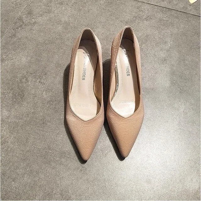 EOEODOIT 4CM Med Heel Shoes Women Elegance Stiletto Heels Pointed Toe Slip On Party Work Daily Pumps Shallow Mouth Leather Shoes