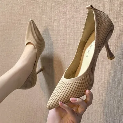 Fashion Black High Heels 2019 New Shallow Mouth Women's Shoes Professional Work Shoes Pointed Toe Stiletto Knitted Single Shoes