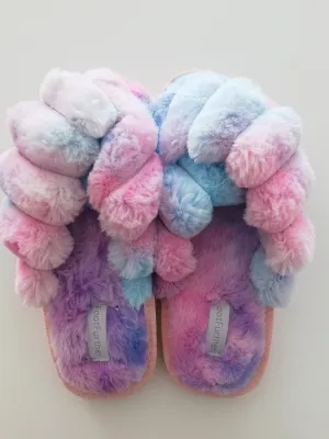 FootFurther Women's Fuzzy Slippers Cross Band Memory Foam House Slippers
