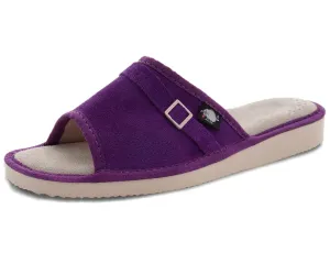 FOOTHUGS Women's Natural Leather Open Toe Slippers with Memory Foam Health Insole - Purple