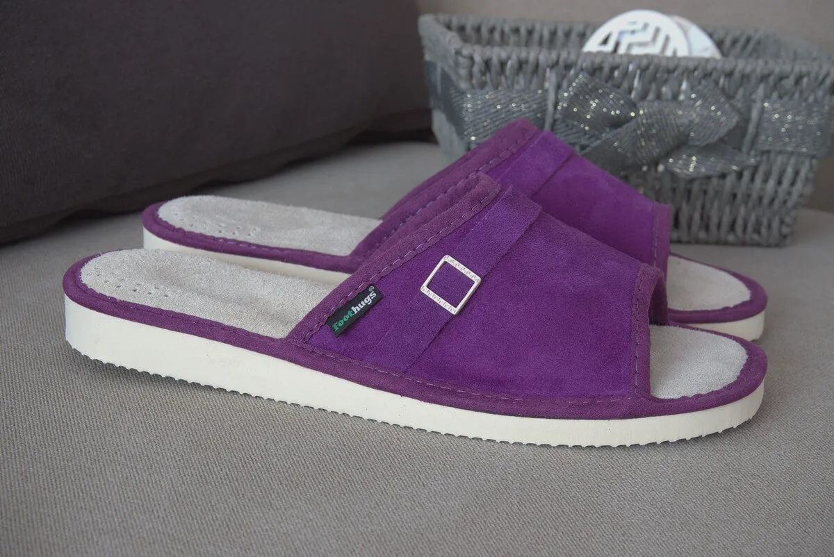 FOOTHUGS Women's Natural Leather Open Toe Slippers with Memory Foam Health Insole - Purple