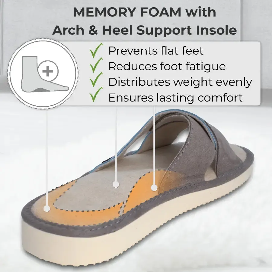 FOOTHUGS Women's Suede Leather Open Toe Slippers with Memory Foam Health Insole | Butterfly - Grey-Purple