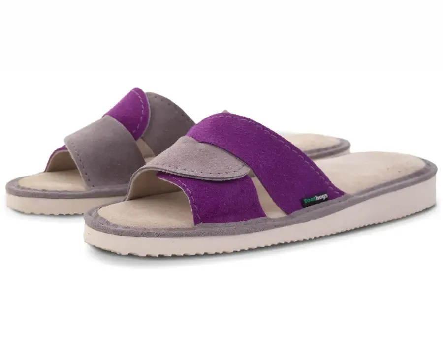 FOOTHUGS Women's Suede Leather Open Toe Slippers with Memory Foam Health Insole | Butterfly - Grey-Purple
