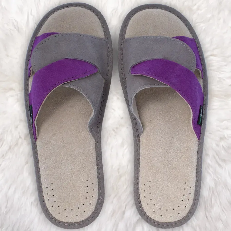 FOOTHUGS Women's Suede Leather Open Toe Slippers with Memory Foam Health Insole | Butterfly - Grey-Purple