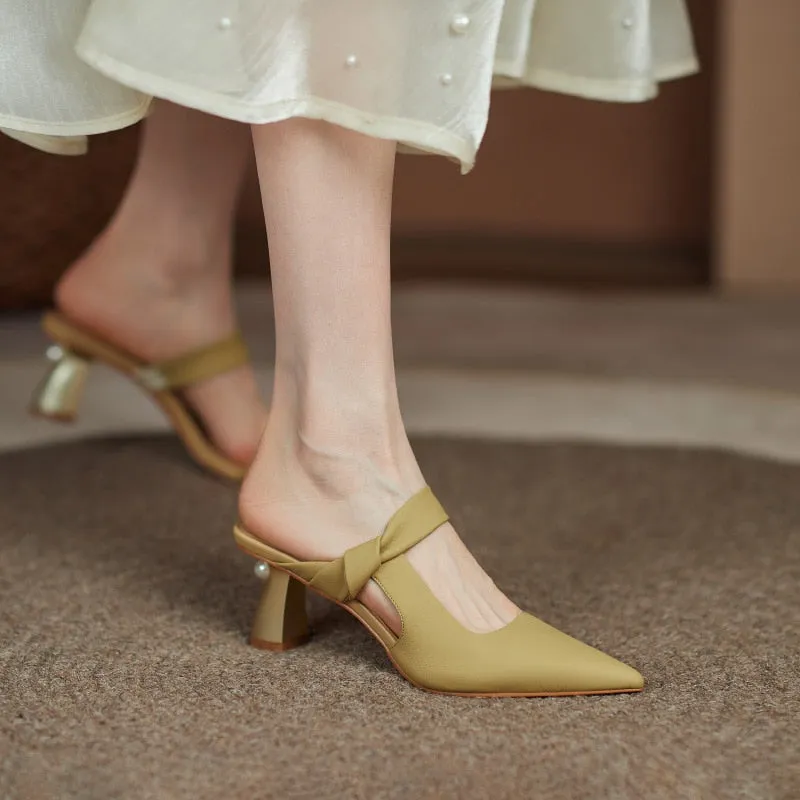 Full leather high heel slippers women