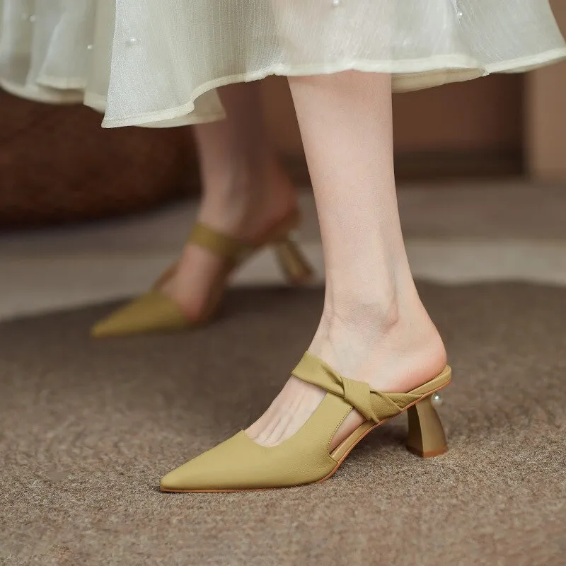 Full leather high heel slippers women