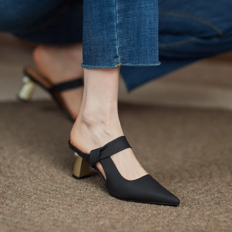 Full leather high heel slippers women