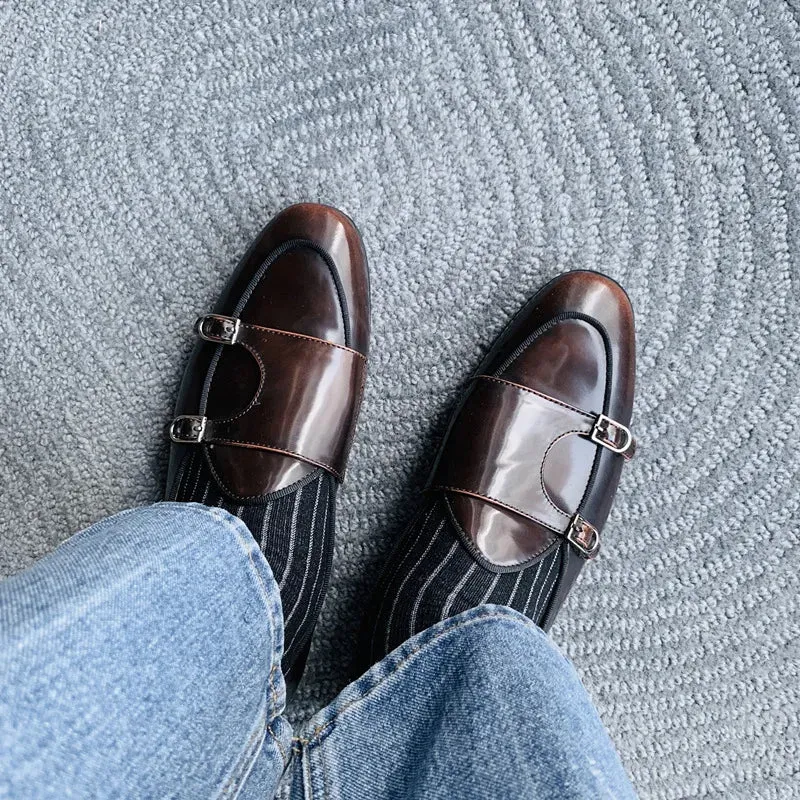 Genuine Leather Men's Loafers with Double Buckle