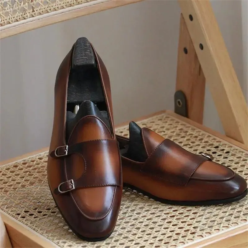 Genuine Leather Men's Loafers with Double Buckle