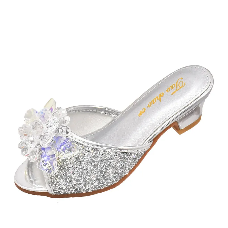 Girls' 3 Slippers  New 4 Kids' Soft-Soled High Heels Korean Style 5 Children Crystal Shoes 6 Open Toe Sandals