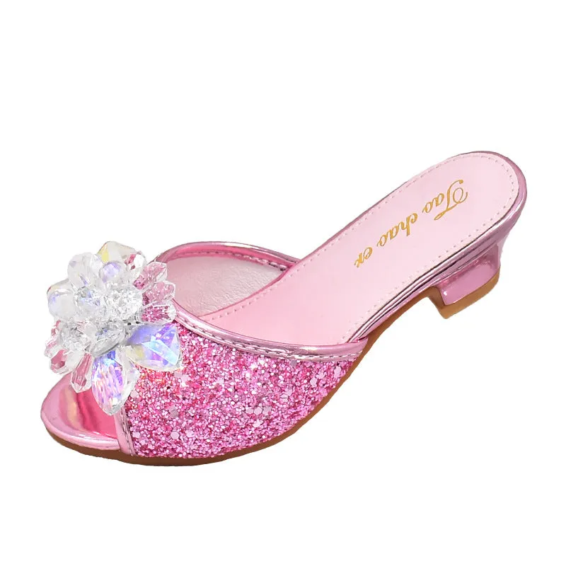 Girls' 3 Slippers  New 4 Kids' Soft-Soled High Heels Korean Style 5 Children Crystal Shoes 6 Open Toe Sandals