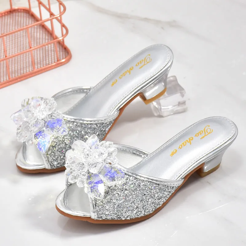 Girls' 3 Slippers  New 4 Kids' Soft-Soled High Heels Korean Style 5 Children Crystal Shoes 6 Open Toe Sandals