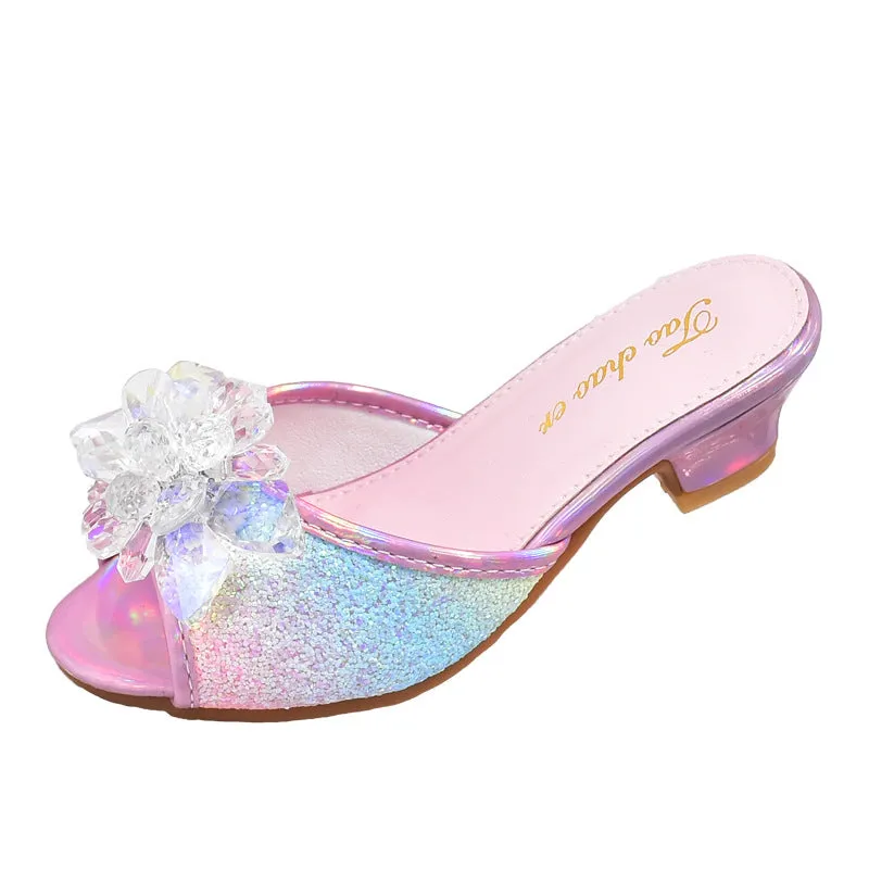 Girls' 3 Slippers  New 4 Kids' Soft-Soled High Heels Korean Style 5 Children Crystal Shoes 6 Open Toe Sandals