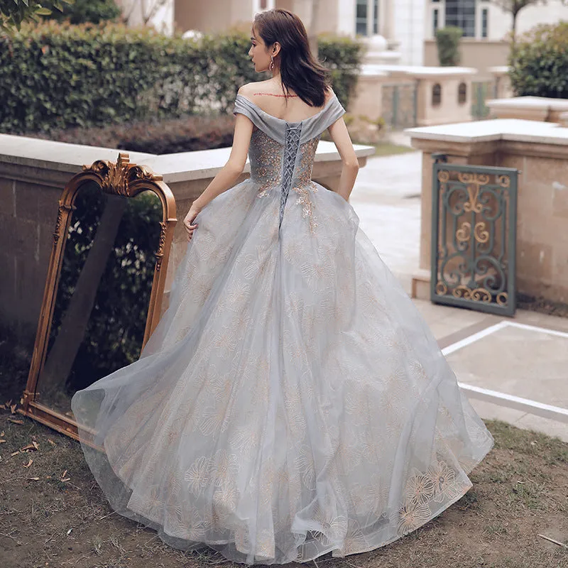 Glam Off Shoulder Shiny Lace and Tulle Long Party Dress, A-line Evening Dresses Prom Dress