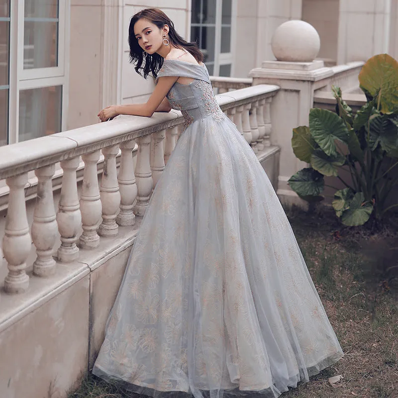 Glam Off Shoulder Shiny Lace and Tulle Long Party Dress, A-line Evening Dresses Prom Dress