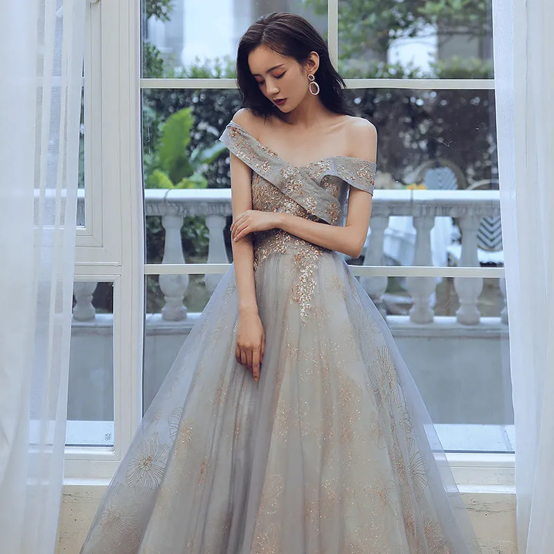 Glam Off Shoulder Shiny Lace and Tulle Long Party Dress, A-line Evening Dresses Prom Dress