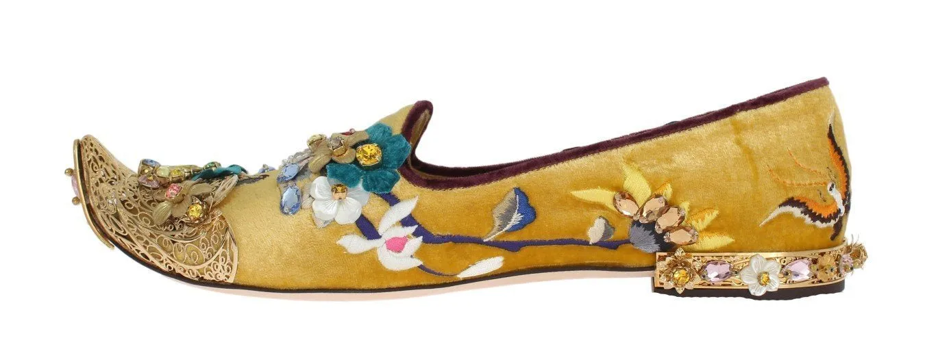 Gold Velvet Crystal Loafers