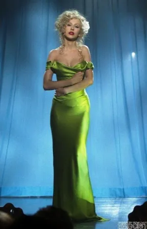 Green Christina Aguilera Sexy Off the shouder Dress Satin Prom Red Carpet Evening Formal Dress in Burlesque