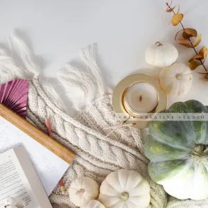 Green Pumpkin, Candle & Book. Digital Stock Image.