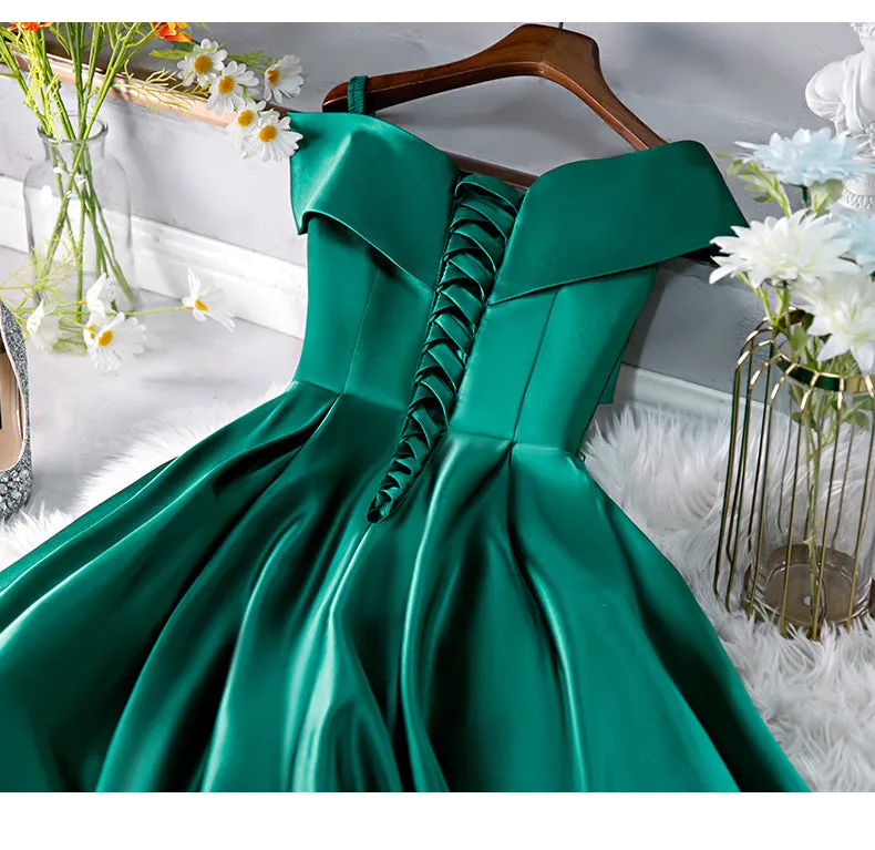 Green Satin Short Sweeetheart Off Shoulder Homecoming Dress, Green Short Party Dress Formal Dresses