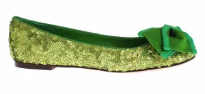Green Sequined Silk Loafers Flat Shoes