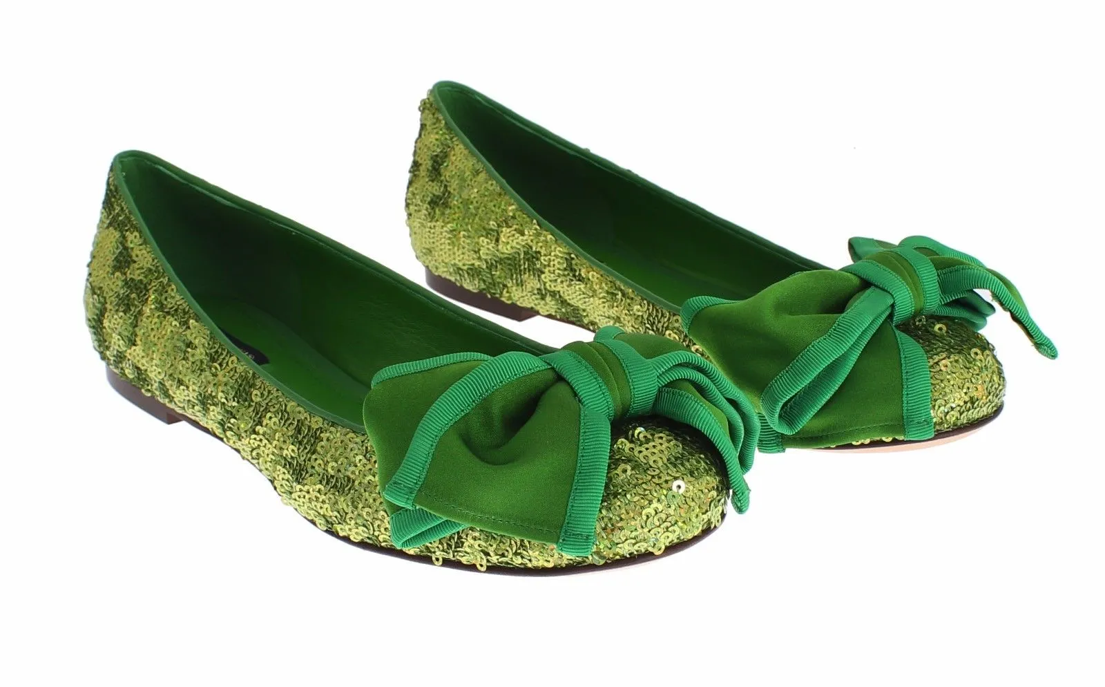 Green Sequined Silk Loafers Flat Shoes