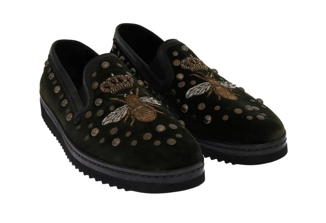 Green Velvet Royal Bee Ricamo Loafers