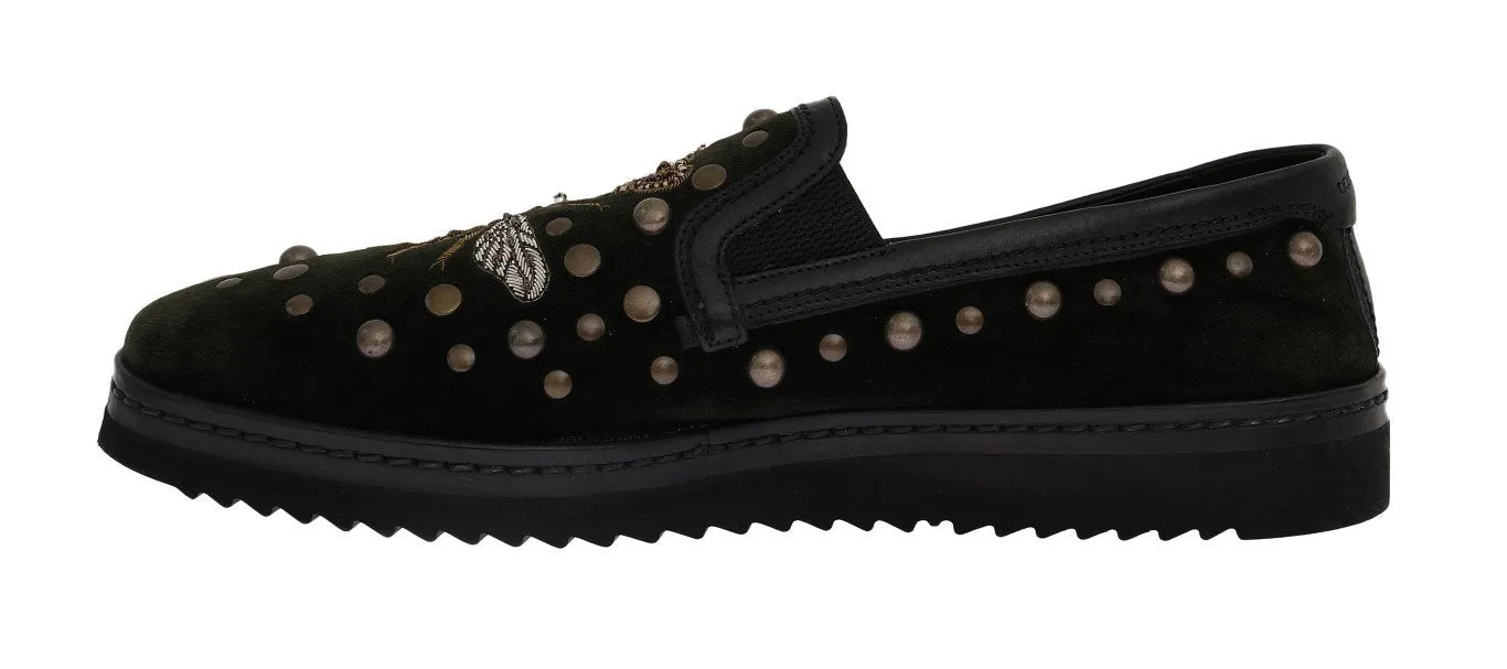 Green Velvet Royal Bee Ricamo Loafers