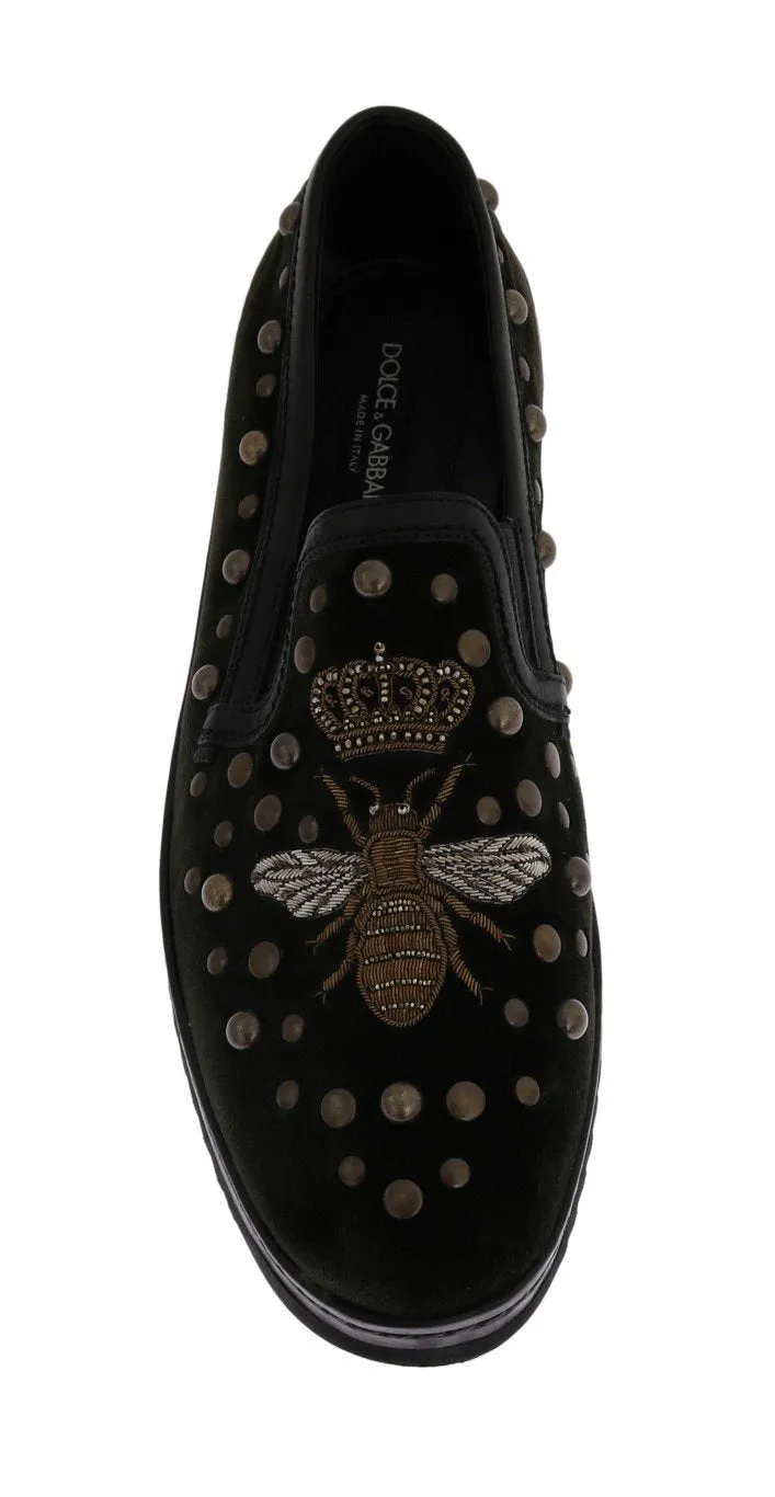 Green Velvet Royal Bee Ricamo Loafers
