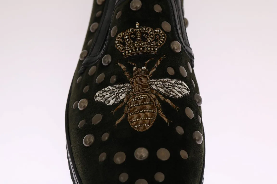 Green Velvet Royal Bee Ricamo Loafers