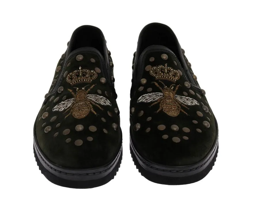 Green Velvet Royal Bee Ricamo Loafers