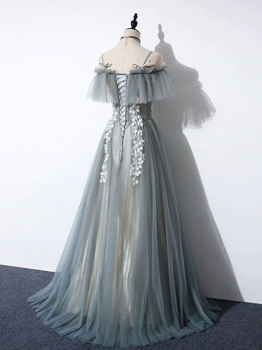 Grey Off Shoulder Straps Tulle with Lace Long Party Dress, Grey Formal Dress 2022