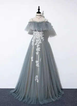 Grey Off Shoulder Straps Tulle with Lace Long Party Dress, Grey Formal Dress 2022