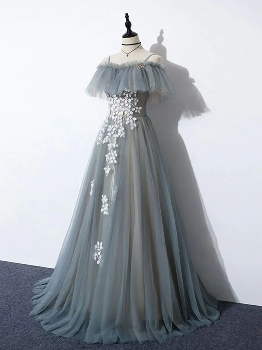 Grey Off Shoulder Straps Tulle with Lace Long Party Dress, Grey Formal Dress 2022