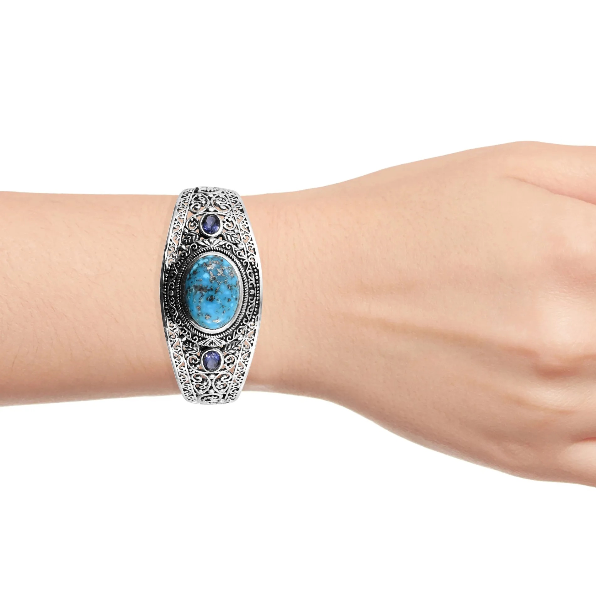Handcrafted Sterling Silver Turquoise & Catalina Iolite Openwork Cuff Bracelet