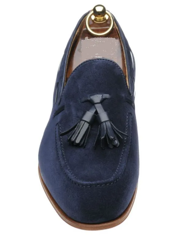 Handmade Blue Suede Casual Loafers with Tassels