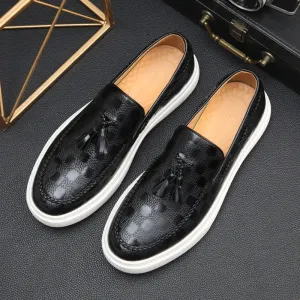 Harlan - Men’s Leather Loafers – Tasselled Slip-On – Textured Design – Chunky Rubber Sole
