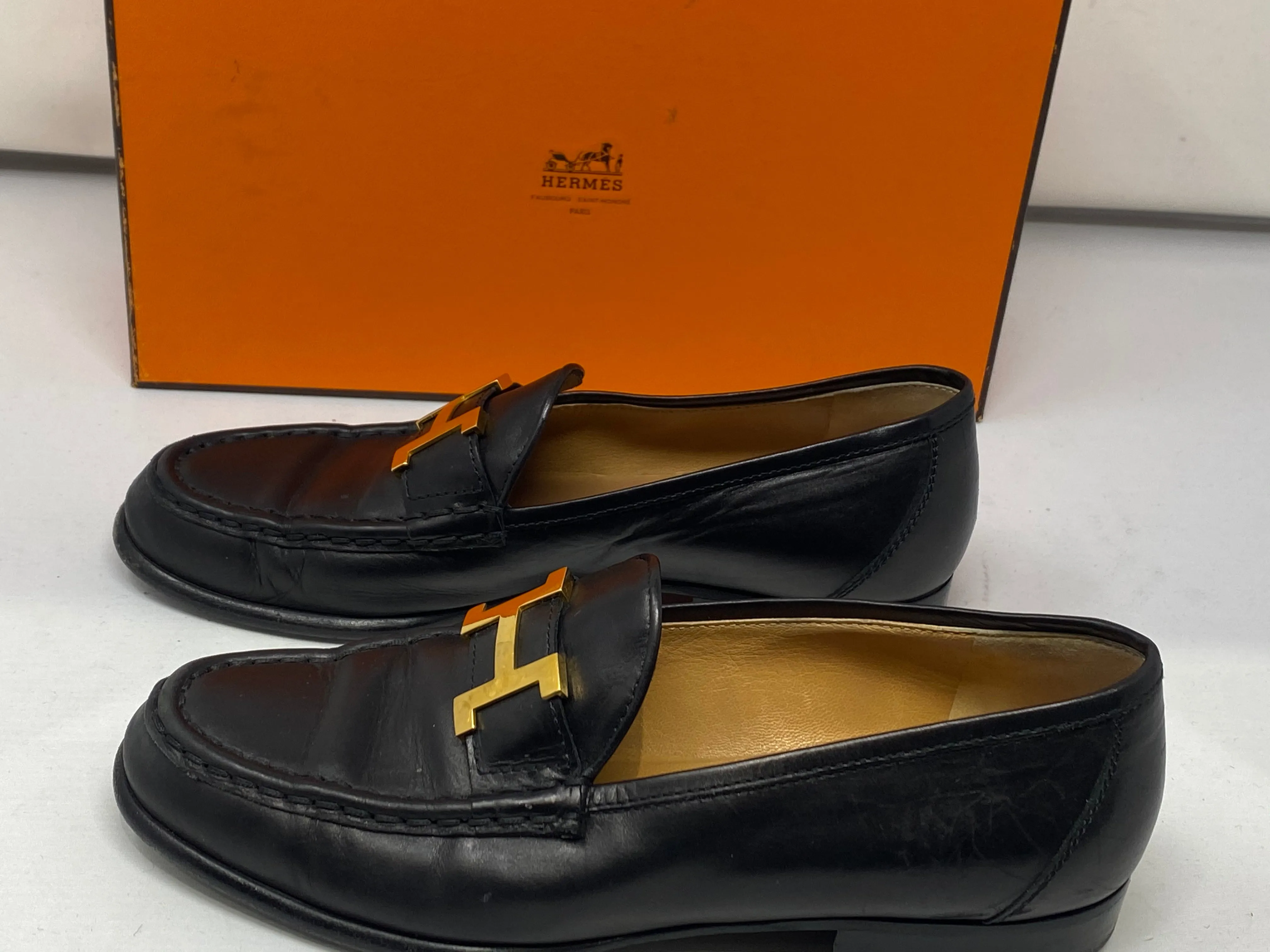 Hermes Black Classic Loafer with Gold H