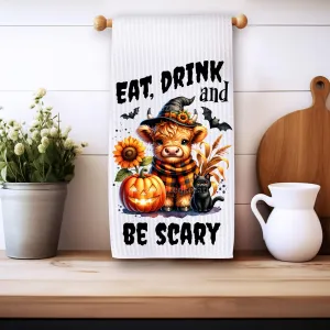 Highland Cow Halloween Kitchen Towel Set – Spooky Farmhouse Decor, Fall Witch Cow Tea Towels