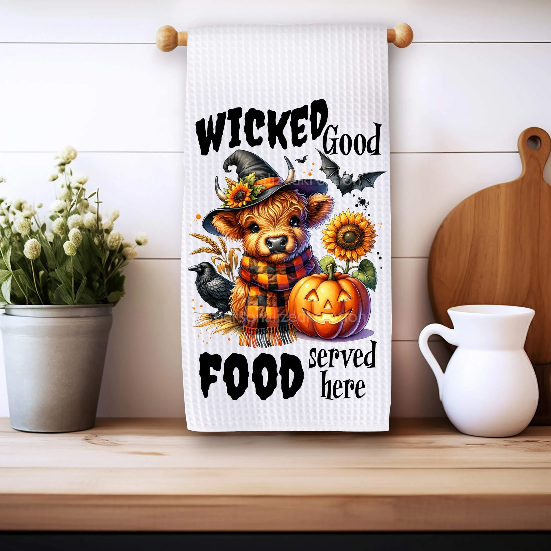 Highland Cow Halloween Kitchen Towel Set – Spooky Farmhouse Decor, Fall Witch Cow Tea Towels